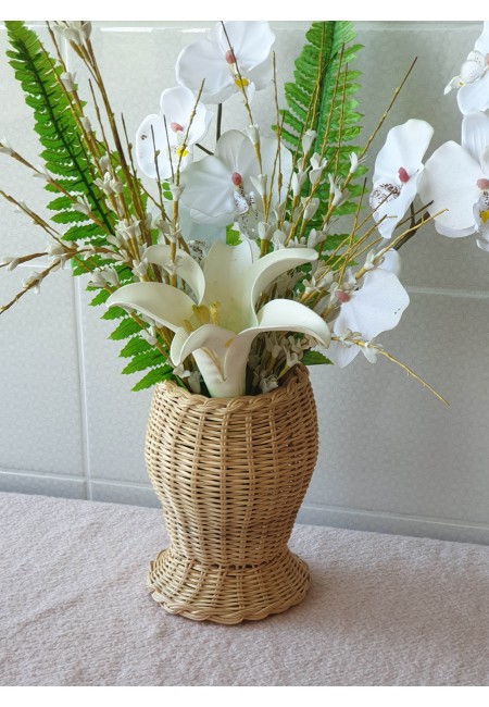 Yapay Çiçekli  Doğal Rattan Örgü Vazo